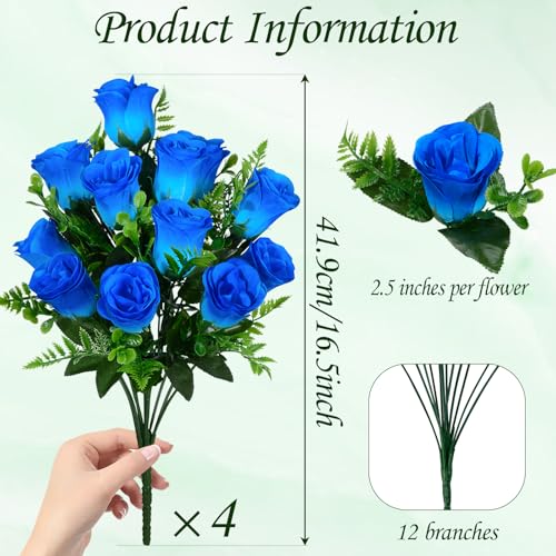 XONOR Artificial Rose Flowers - 4Bouquets Realistic Fake Silk Roses for Wedding Party Home Centerpieces Office DIY Cemetery Grave Decoration (Pack of 4, Blue) - color: Blue