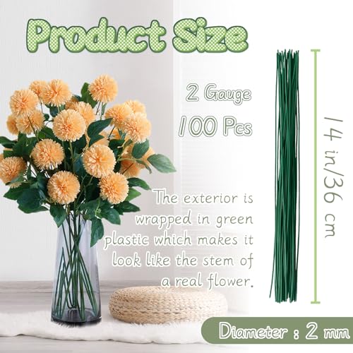 100 Pcs Floral Stems Wire for Paper Flower,14 Inch 2 Gauge Dark Green Floral Stem Wire,Crafting Floral Stem for Flower Arrangements DIY,Bouquet Stem Wrapping and Crafts - size: 100 Pcs Green 2 Gauge