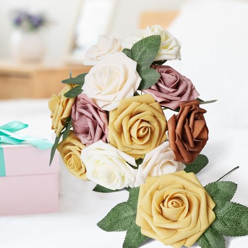 25pcs Artificial Flower Purple Foam Rose Real Touch Roses Flower Heads with Stem for DIY Wedding Bouquets Centerpieces Arrangements Party Baby Shower Home Decor (Shades Sunshine Yellow) - color: Shades Sunshine Yellow