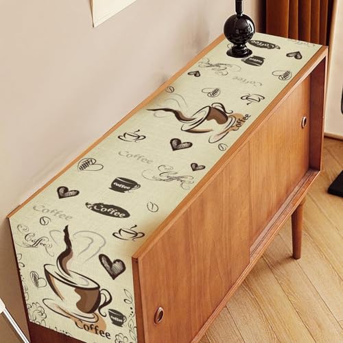 Coffee Theme Table Runner, Farmhouse Brown Coffee Time Cafe Cup Tea Bean Drinks Rustic Vintage Table Center Decor for Family Outdoor Holiday Party Table Decorations, 13"x36" - color: Coffee-2, size: 13“ X 36"