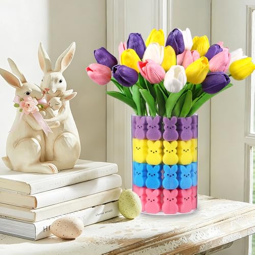 JOICEE Easter Decorations, 15pcs Artificial Tulips with 48pcs Sponge Bunnies Vase Filler Set Fake Tulips Flowers for Easter Decor Spring Home Kitchen Table Centerpieces Decoration