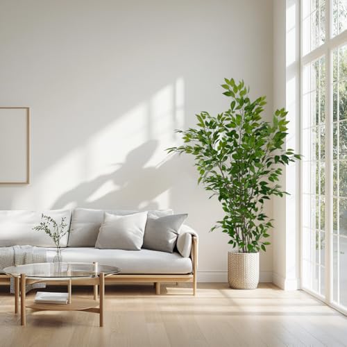 6ft Artificial Ficus Tree with White Plastic Planter | Collapsible trunk structure enables quick assembly and compact space-saving storage - color: Green, size: 6ft