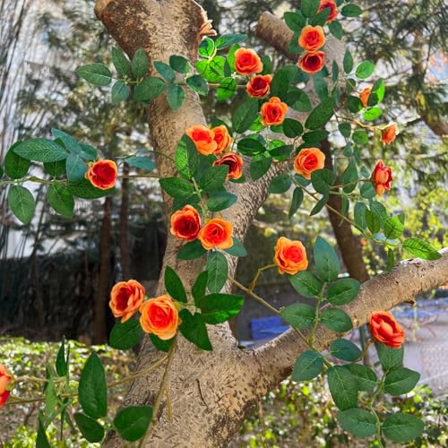 6FT Bendable Yellow Orange Rose Flower Garland, Artificial Silk Wild Roses Vine Leaves Hanging Flowers for Wall Fireplace Fence Trellis Wedding Home Spring Summer Decor(1PC) - color: Yellow-orange, size: 1