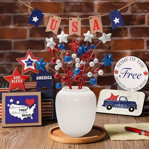 8 Pack 15" Large Patriotic Glitter Ball Centerpiece Stems, Independence Day Artificial Berry Stem Star Picks, 4th of July Red White Blue Pentagram Faux Berry Branch Sticks for Memorial Day Home Decor - color: Red White Blue