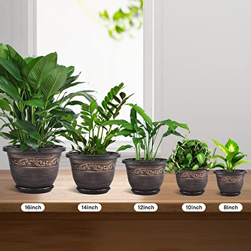 Plastic-Plant-Flower-Planters-14 Inch With Drainage Hole & Saucer, 3 Packs Lightweight Large Resin Flower Pot Indoor Outdoor, Retro Antique Imitation Decorative Garden Containers Sets For Houseplants - color: 3 Pack-14 Inch