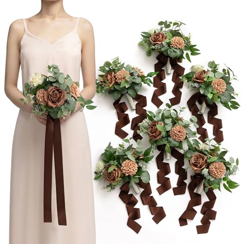 Ling's moment Brown Bridesmaid Bouquets Set of 6, Earth Brown & Sand Dune Artificial Wedding Flower Bouquets Floral Bouquet Bridesmaid Bouquets with Ribbon, Ceremony, Anniversary, 7-inch Diameter - color: Br-earth Brown & Sand Dune