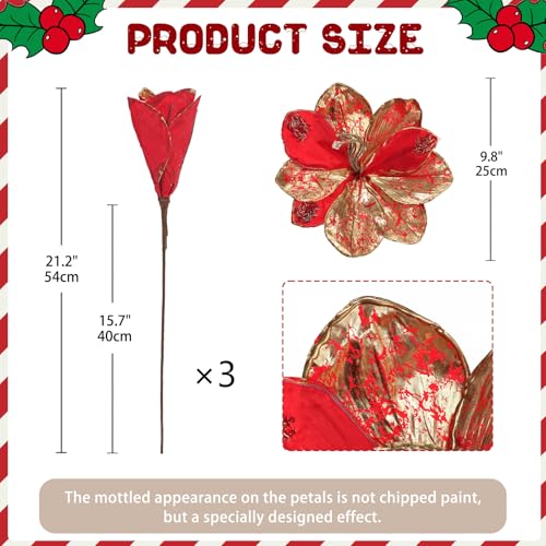 Briful 3PCS Magnolia Artificial Christmas Flower 21.2" Red Gold Fake Magnolia Flower Stems with Specially Designed Mottled Petals Christmas Tree Flowers for Holiday Wreath Garland Xmas Decor - color: Red Gold