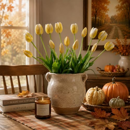 15 Pcs Artificial Flowers Tulips Real Touch Latex Plastic Soft Faux Bouquets for Party, Wedding, Home, Room, Garden Decor (Vintage Yellow) - color: Vintage Yellow