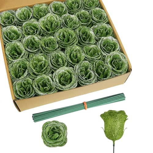 30PCS Artificial Glitter Roses Bouquet Green Flowers Fake Sparkling Roses for Wedding Party Christmas Home Decor(Green with Silver Glitter) - color: Green With Silver Glitter