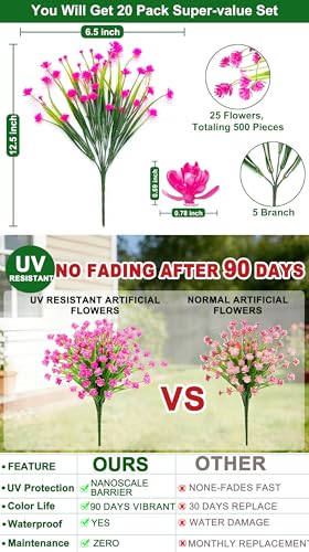 TURNMEON 20 Bundles Artificial Flowers for Outdoors, Summer Spring Grass Camellia Fake Flowers Plastic Plants, UV Resistant No Fade Faux Greenery for Gardens Porch Yards Cemetery Decor 500 Heads(Pink) - color: Pink, size: 20 Bundles