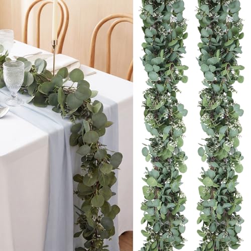 Thiccywoov 2 Pack Artificial Eucalyptus Garland 6.5 ft Each Faux Silver Dollar Leaves Greenery Artificial Vines with White Accents for Wedding Table Runner Home Mantle Outdoor Decor (Green) - color: Green