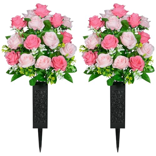 Artificial Cemetery Flowers, Set of 2 Grave Memorial Flowers with Vase, Artificial Rose Bouquet for Cemetery Headstones Gravesites Decoration (Pink) - color: Pink