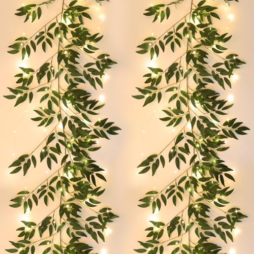 RECUTMS Artificial Hanging Willow Leaves Vine Twigs with Light 2Pc 5.7Ft Fake Silk Green Leaves Ivy Garland Faux Greenery Decoration for Indoor Outdoor Home Wedding Jungle Birthday Party Garden Table - color: Green With Lights
