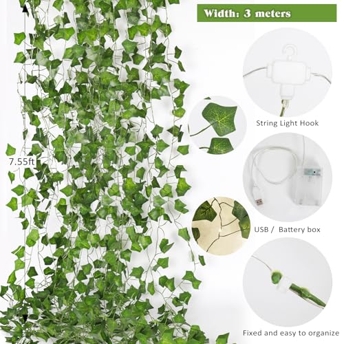 RECUTMS 118 Inches Plant Garland Hanging Vines with Lights LED Strings Artificial Ivy Fake Greenery Leaf Plants Faux Silk Green Leaves Plastic Flower for Party Room Patio Wall Bedroom Outdoor Decor - color: Green Light1