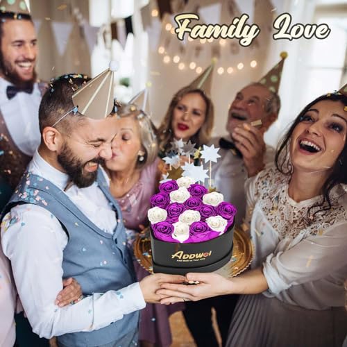 ADDWel Romantic Preserved Roses Bouquet for Her Anniversary, Birthday Flower Gifts for Women, 27-Pieces Eternal Roses with Natural Fragrance in Heart-Shape Box for Wife Girlfriend Mom - color: Purple & White - 27 Roses