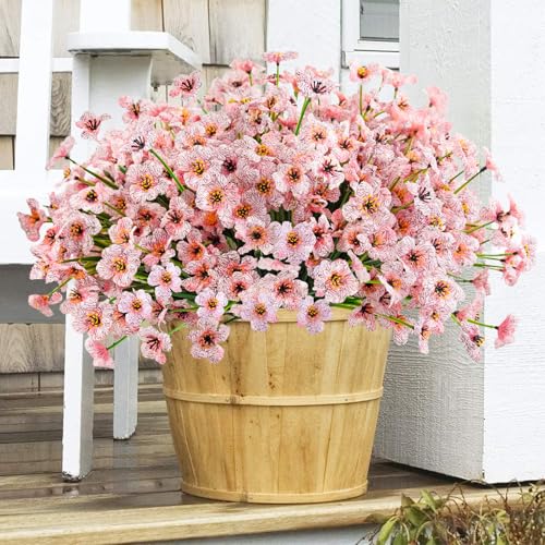Krissing 48 Bundles Outdoor Artificial Flowers UV Resistant Fake Silk Flowers Faux Plastic Plants Outside Garden Porch Window Box Summer Decoration (Pink) - color: Pink