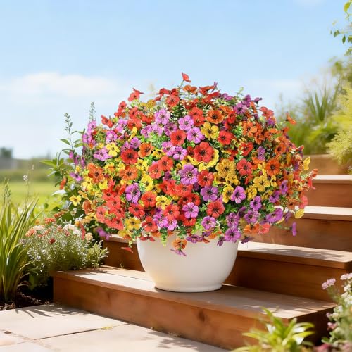 Artificial Flowers for Outdoors, 12 Bundles Fake Daisy Flowers Spring Decor, UV Resistant Faux Flower Daisy with Eucalyptus for Garden Porch Planter Box (6 Multicolor) - color: 6 Multicolor