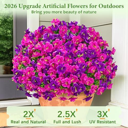MARTINE MALL 12 Bundles Look Real Artificial Flowers for Outdoors, Realistic Fake Outdoor Flowers, UV Resistant Silk Flowers for Outside Faux Flowers Plants for Outdoor planters Porch, Purple&Fuchsia - color: Purple&fuchsia, size: 12 Bundles