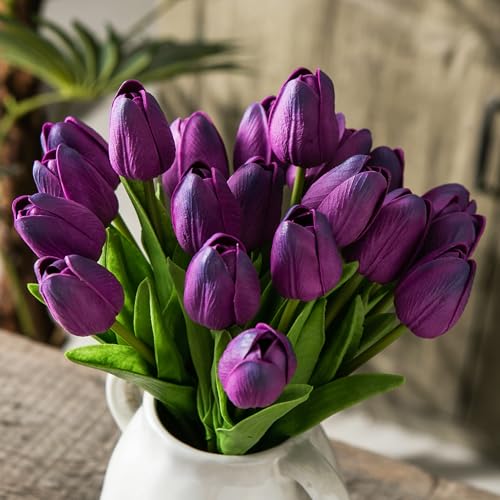 Tanvecle 20pcs Purple Artificial Tulip Flowers, Silk Fake Flowers 13" for Mother's Day, Easter, Valentine’s Day Gifts in Bulk, Home, Kitchen, Wedding Decorations - color: Purple