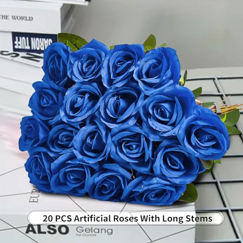 20PCS Artificial Roses with Long Stems - Realistic Silk Flowers, Fake Roses Real Touch Bouquet of Roses for Mother's Day Home Decor, Bridal Wedding Party, Bulk Faux Rose Flowers (Royal Blue) - color: Royal Blue, size: 20 PCS