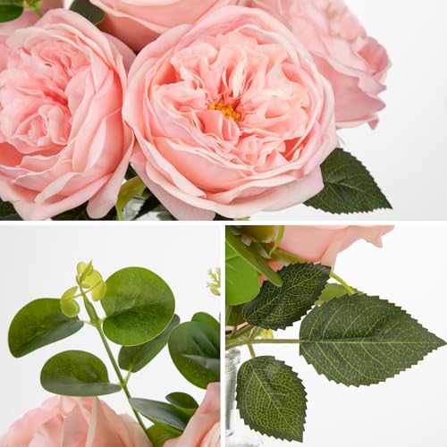 Hollyone Real Touch Peonies Artificial Flowers Arrangements in Vase Pink Fake Peonies with Glass Vase Silk David Austin Roses Faux Flowers with Faux Water Bouquet Table Floral Centerpiece Home Decor - color: Pink