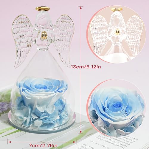 Miofula Gifts for Mom Birthday Gifts for Women, Preserved Flowers Rose in Glass Angel Figurines, Fresh Flowers for Delivery Anniversary Forever Real Roses Gifts for Mothers Grandma Her Wife Girlfriend - color: White+blue