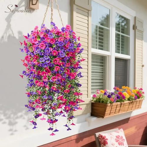 Serwalin Artificial Hanging Flowers for Outdoors Decoration, 4PCS UV Resistant Silk Artificial Fake Plants Outdoor for Porch Patio Balcony Indoor Planter Yard Decor (Purple&Rose Pink,4PCS) - color: Purple&rose Pink