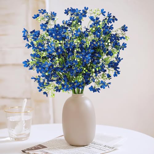 TOCHGREEN 10PCS Artificial Silk Flowers with Long Stems Faux Bulk Babys Breath Flowers Fake Silk Flowers Bouquet for Floral Arrangement Tall Vase Home Wedding Table Centerpieces Decor (Blue) - color: Blue