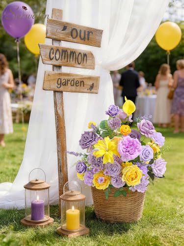 Serwalin Artificial Yellow & Purple Flowers, Silk Fake Roses Flowers, Faux Flowers for DIY Wedding Bouquets Cake Decoration Baby Shower Centerpieces Floral Arrangements Party Decor - color: Purple & Yellow, size: Grand