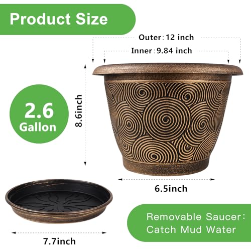 Fodetyff 12 Inch Large Planter Pot for Plants Indoor Outdoor, 4 Pack Plastic Flower Pots with Drainage Hole & Tray, Modern Decorative Garden Pot with Saucer, Plant Container for House - color: Gold, size: 12 inch-4 pack