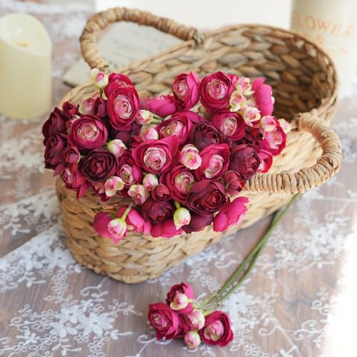 18 Pcs Ranunculus Artificial Flowers Burgundy Mini Faux Ranunculus Flowers Real Touch for Wedding DIY Bouquets Home Decor Arrangements - color: Vine Red