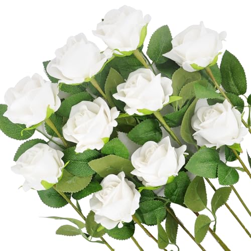 Kenpal Realistic Fake Roses Artificial Flowers with Stem for Decoration Floral Arrangement Centerpieces Wedding Bouquets (10, White) - color: White
