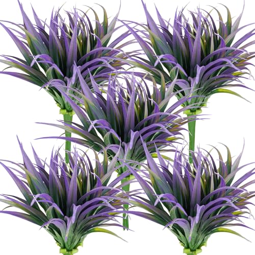 32 Pcs Artificial Grass Fake Plants 17.3in Outdoor Plants UV Resistant Faux Greenery Stems Fake Grass for Home Window Garden Office Patio Pathway Front Porch Halloween Décor Green & Purple - color: Green & Purple, size: 32 Pcs