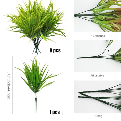 Outdoor Artificial Plants 8 Bundles Fake Plants Grass UV Resistant Fake Flowers Bush Greenery,17Inch Tall Faux Grass Shrubs for Home Porch Pathway Garden Décor Outside Indoor (Green) - color: Green