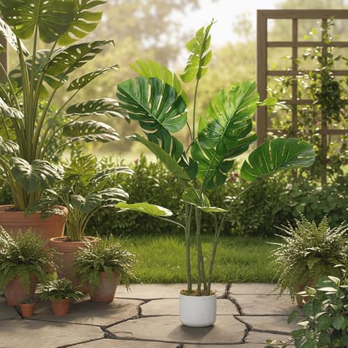 4FT Artificial Monstera Deliciosa Plant in White Planter Pot, Faux Split Leaf Philodendron Tree, Realistic Indoor Outdoor House Plants Swiss Cheese Floor Tree for Living Room Home Office Decor
