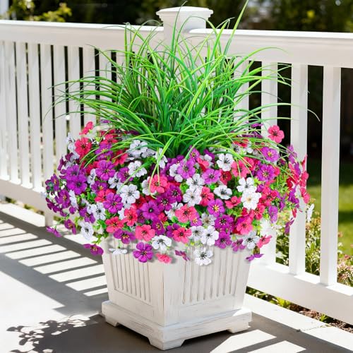 INQCMY Artificial Flowers for Outdoors UV Resistant, 14 Bundles Fake Plants Realistic Silk Flowers with Faux Ferns for Outside Planters Home Porch Patio Garden Back Yard Spring Summer Decoration - color: Light Purple Rose Red White