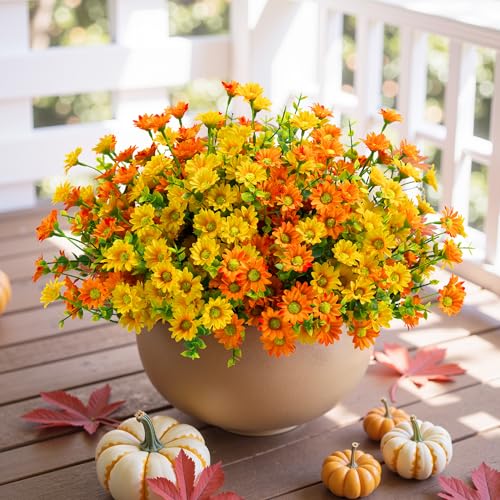 Artificial Mums Fall Fake Flowers for Outdoors, 10 Bundles Faux Mums Autumn Decorations,UV Resistant Silk Flowers for Outside Front Porch Garden Patio Home Planters Decor (Yellow & Orange) - color: Yellow & Orange
