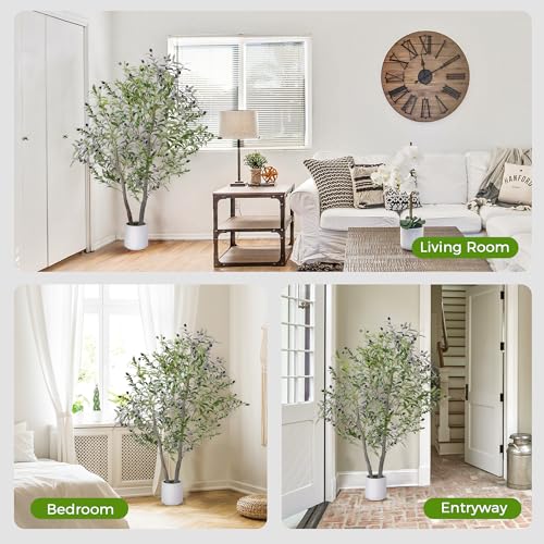 Jocoevol Olive Trees Artificial Indoor, 5FT Realistic Artificial Olive Tree with Natural Wood Trunk Lifelike Fruits Pre Assembled No Maintenance, Sturdy White Planter for Home Office Decor Perfect - size: 5ft