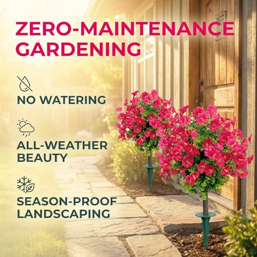 Outdoor Artificial Topiary Trees: 2-Pack Fake Bushes with UV Resistant Faux Petunia Ball & Ground Spike. Ideal for Artificial Bushes for Outdoors Use on Porch and Garden Decor(Rose Color) - color: Rose Color