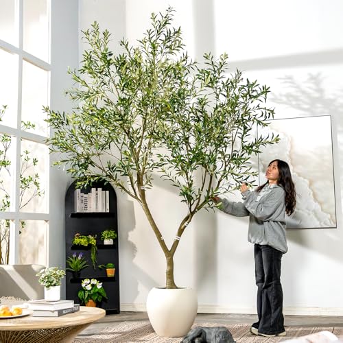 10ft Faux Olive Tree with White Pot & Moss, Artificial Olive Tree Indoor Outdoor, PE/PVC Leaves, Realistic Resin Trunk Large Fake Olive Tree Artificial Plants Indoor, Faux Plants Indoor for Home Decor - size: 10ft