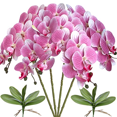 FagusHome 32" Artificial Phalaenopsis Orchid Flowers 4 Pcs with 2 Bundles Leaves Stem Plants Fake Butterfly Flowers for Home Wedding Party Decor (Pink) - color: Pink