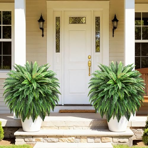 Suntee 48" Large Artificial Ferns 2 Pack, Realistic Fake Boston Fern Plant with 100 Bendable Fronds, UV Resistant Zero Maintenance Faux Bush for Outdoors Garden Patio Porch Living Room Home Decor