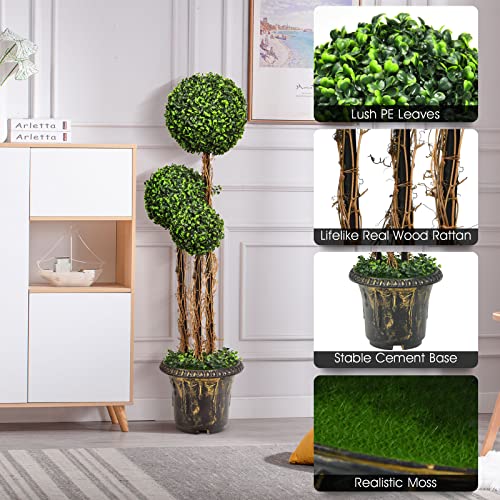 Goplus 4 Ft Artificial Boxwood Topiary Tree, 2 Pack Fake Greenery Plants Triple Ball Tree, Leaves & Cement-Filled Plastic Flower Pot Decorative Trees for Home, Office, Indoor and Outdoor Use - size: 4 Ft