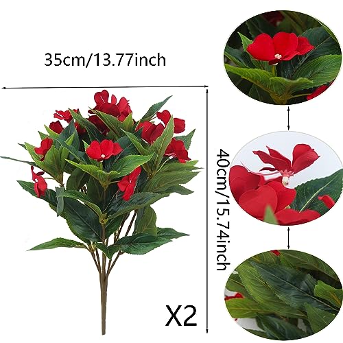 2 Pcs Artificial Impatiens Flowers for Outdoors Faux Impatiens Bushes Red Silk Flowers Greenery Faux Flowers for Outdoor Planters Patio Lawn Garden Balcony Pot Hanging Basket Porch Decoration - color: Red