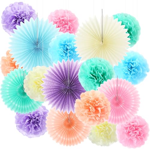 Kosiz 18 Pcs Pastel Rainbow Party Decorations Pastel Paper Fans 3D Floral Tissue Pom Poms Pink Hanging Paper Flowers Garland Classroom Home Wall Decor Birthday Baby Shower Bridal Wedding Supplies - color: Multicolor