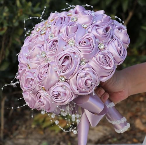 Ujicde Romantic Wedding Bouquet Bridal Bridesmaid Round Bling Brooch Bouquet Throw Toss Artificial Rose Flower Bunch with Sparkle Rhinestone Crystal Decoration(Purple#,Dia. 6.3"*16cm) - color: Purple#, size: Dia. 6.3"*16cm