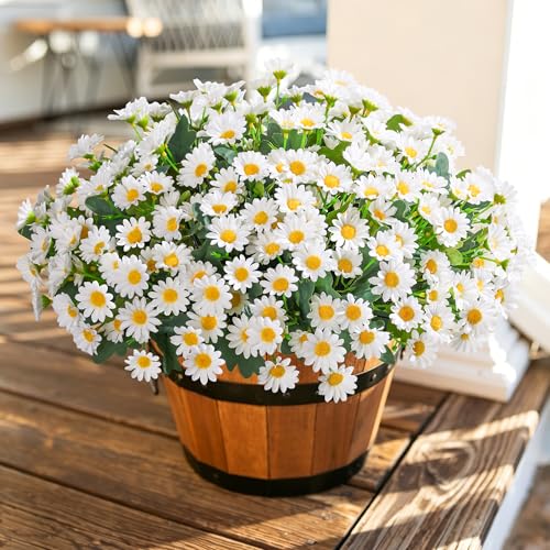 Daisy Artificial Flowers for Outdoors Decoration, 6 Bundles Fake Plants Flowers Bouquet White Faux Flowers for Outdoor Planter Look Real UV Resistant Silk Flowers for Outside Front Door Porch Patio - color: White
