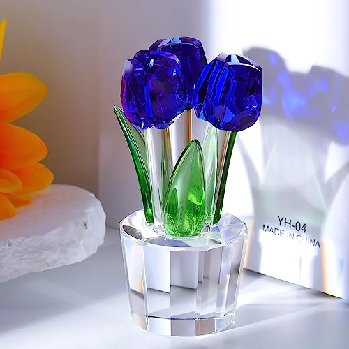 Qianwei Crystal Tulips Flowers Figurine Blue with Vase - Glass Flower Bouquet Collectible Figurines Crystal Office Home Decor Paperweight - Tulip Gifts for Women Mom Bestfriend Wedding Anniversary - color: Blue Tulip