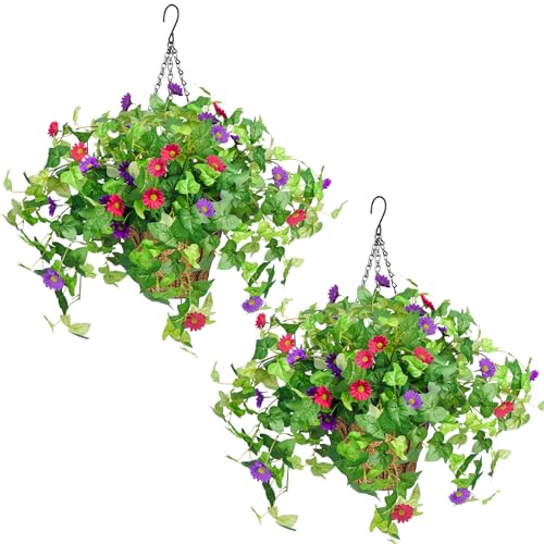 Krissing 2 Pack Artificial Hanging Flowers with Baskets for Outdoors UV Resistant Fake Ivy Plants Greenery Faux Silk Daisy Flowers for Outdside Porch Balcony Summer Home Decor (Purple, Red) - color: Purple+hot Pink, size: 6pcs with 2 baskets