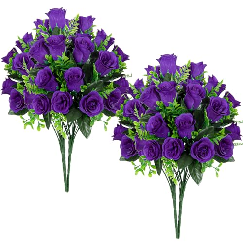 XONOR Artificial Rose Flowers - 4Bouquets Realistic Fake Silk Roses for Wedding Party Home Centerpieces Office DIY Cemetery Grave Decoration (Pack of 4, Purple) - color: Purple